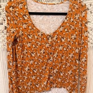 American Eagle Outfitters Floral Orange Button-Down Shirt High Low Hem Oversized